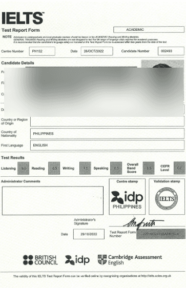 International English Language Testing System certificate
